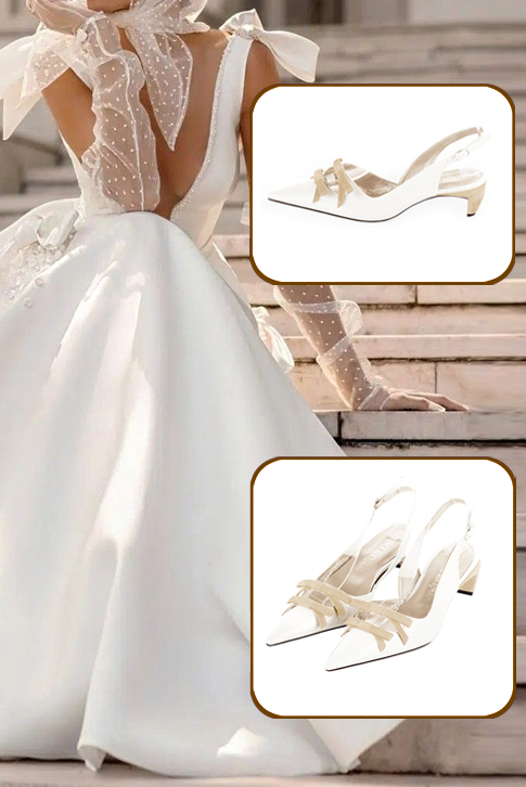 Women's off white and champagne white elegant slingback heels, with a bow on the front. Pointed toe. Low comma heels - Top view